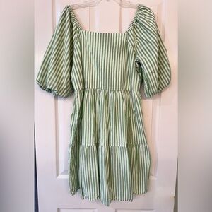 beachlunchlounge Green and White Striped Puff Sleeve Dress
